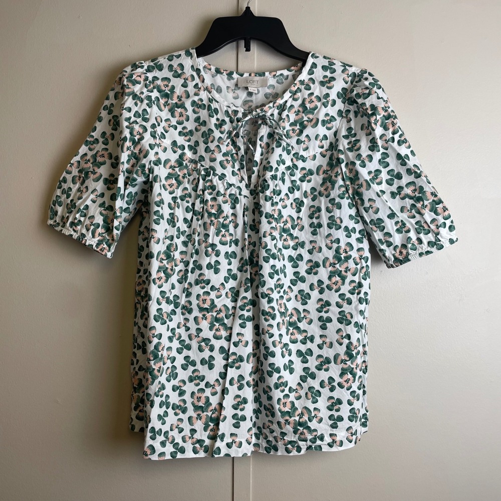 LOFT Outlet Floral Clover Puff Sleeve Tie Neck‎ Blouse Green Pink White Small